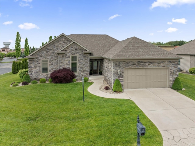 7503 Toscana Ct, Granger, IN 46530 - view of front facade with roof with shingles, a front lawn, concrete driveway, an attached garage, and stone siding