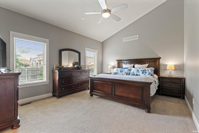 7503 Toscana Ct, Granger, IN 46530 - bedroom with light colored carpet, baseboards, a ceiling fan, and high vaulted ceiling