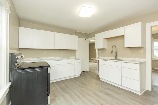 1002 S 33rd St, South Bend, IN 46615 - kitchen with stainless steel electric stove, a sink, light wood-style flooring, light countertops, and white cabinetry