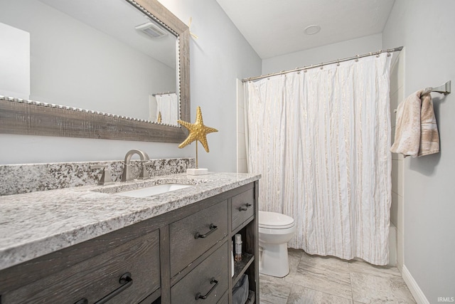 15711 Durham Way, Granger, IN 46530 - bathroom with vanity, toilet, shower / bath combo, and marble finish flooring