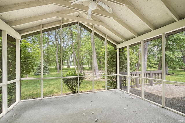 15711 Durham Way, Granger, IN 46530 - unfurnished sunroom featuring ceiling fan, lofted ceiling, and view of scattered trees