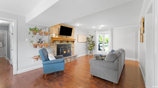 1229 Dell Cove Dr, Fort Wayne, IN 46804 - living room featuring a stone fireplace, baseboards, crown molding, wood finished floors, and recessed lighting