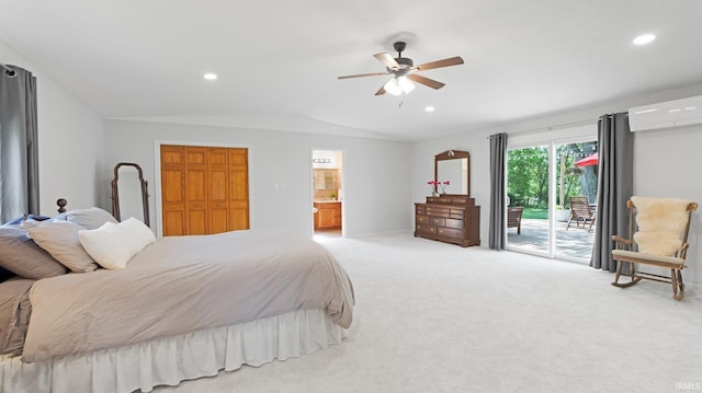1229 Dell Cove Dr, Fort Wayne, IN 46804 - bedroom featuring access to exterior, vaulted ceiling, a wall mounted air conditioner, light carpet, and recessed lighting