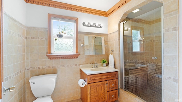 1229 Dell Cove Dr, Fort Wayne, IN 46804 - full bath featuring tile walls, vanity, a stall shower, crown molding, and toilet