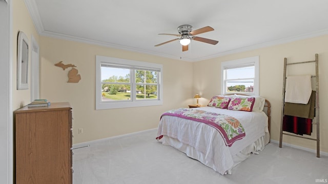 1229 Dell Cove Dr, Fort Wayne, IN 46804 - bedroom with multiple windows, crown molding, light carpet, baseboards, and a ceiling fan