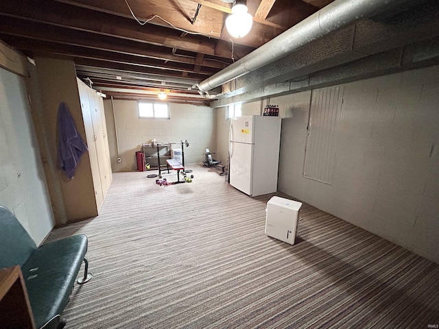 1500 N Grant St, West Lafayette, IN 47906 - below grade area featuring freestanding refrigerator, carpet flooring, and concrete block wall
