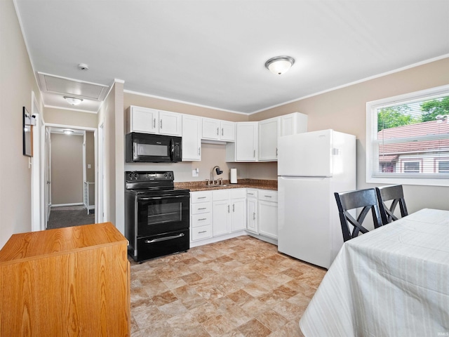 254 Forrest Ave, Wabash, IN 46992 - kitchen featuring black appliances, white cabinetry, a sink, and crown molding
