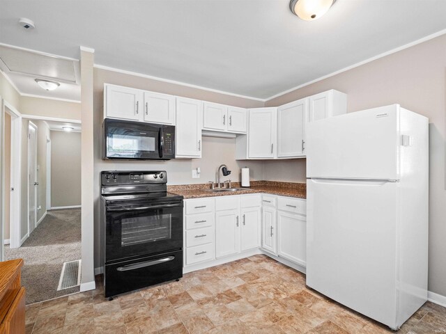 254 Forrest Ave, Wabash, IN 46992 - kitchen with black appliances, a sink, white cabinets, crown molding, and baseboards