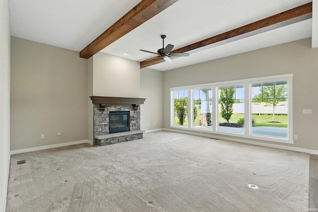 13769 Montoro Ct, Fort Wayne, IN 46845 - unfurnished living room with baseboards, carpet flooring, a fireplace, beamed ceiling, and ceiling fan