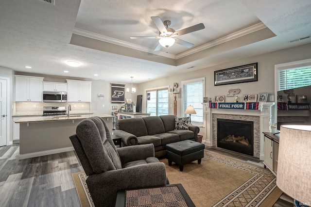 1757 Mill Pond Ln, Lafayette, IN 47905 - living area featuring crown molding, a raised ceiling, dark wood-style flooring, ceiling fan, and a fireplace
