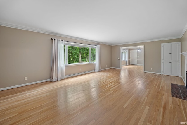 201 Colony Rd, West Lafayette, IN 47906 - unfurnished living room featuring light wood finished floors, ornamental molding, baseboards, and baseboard heating