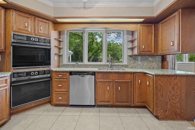 201 Colony Rd, West Lafayette, IN 47906 - kitchen featuring dishwasher, a sink, open shelves, brown cabinets, and ornamental molding