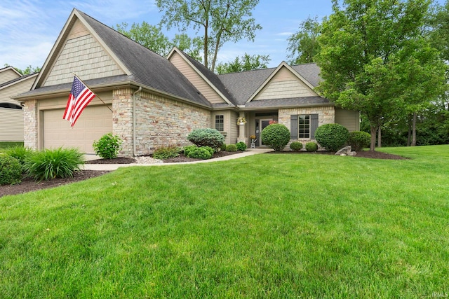 15829 Winterberry Ct, Huntertown, IN 46748 - view of front of property with a garage, a shingled roof, a front yard, and stone siding