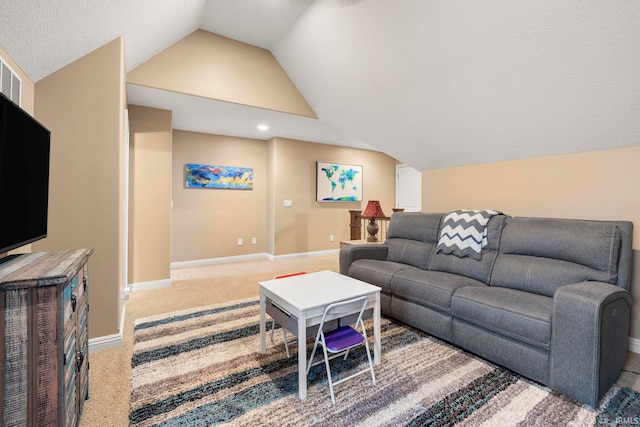 15829 Winterberry Ct, Huntertown, IN 46748 - living room featuring vaulted ceiling, carpet floors, and recessed lighting