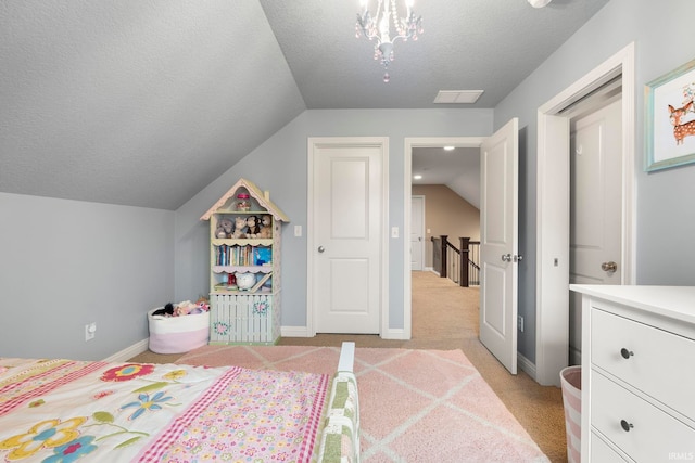 15829 Winterberry Ct, Huntertown, IN 46748 - bedroom featuring lofted ceiling, light colored carpet, and a textured ceiling