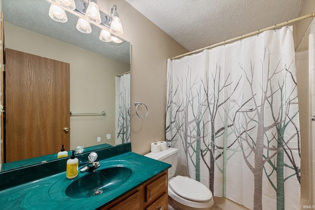 8633 State Rd 28 E, Clarks Hill, IN 47930 - bathroom with a textured ceiling, vanity, toilet, and a shower with shower curtain