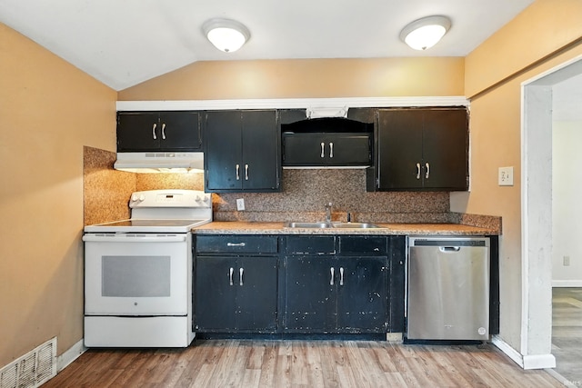 211 N Poplar St, Lagrange, IN 46761 - kitchen featuring white range with electric cooktop, stainless steel dishwasher, under cabinet range hood, a sink, and light wood-style floors