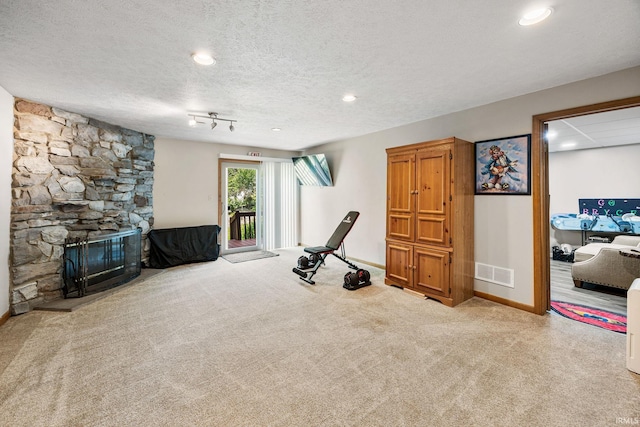 30986 Creekwood Ter, Osceola, IN 46561 - workout area with carpet, baseboards, a fireplace, recessed lighting, and a textured ceiling