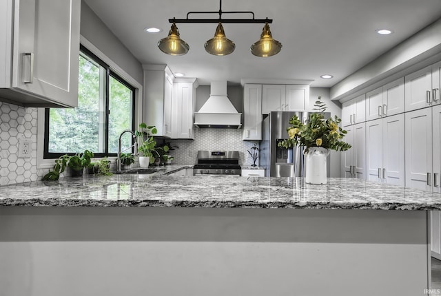 1212 Summit Ave, Bluffton, IN 46714 - kitchen with premium range hood, appliances with stainless steel finishes, a sink, decorative backsplash, and recessed lighting