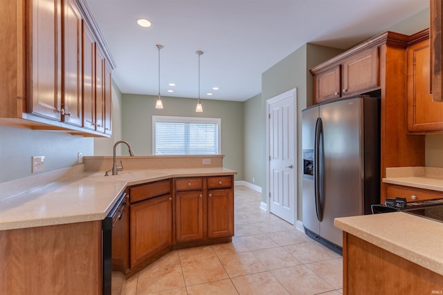 9081 Halston Cir, Newburgh, IN 47630 - kitchen featuring a sink, stainless steel refrigerator with ice dispenser, dishwasher, brown cabinetry, and light countertops