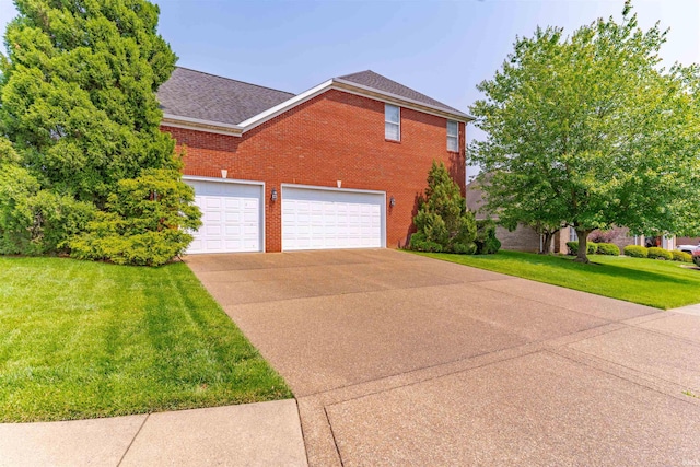 9081 Halston Cir, Newburgh, IN 47630 - view of property exterior featuring brick siding, driveway, a lawn, roof with shingles, and an attached garage