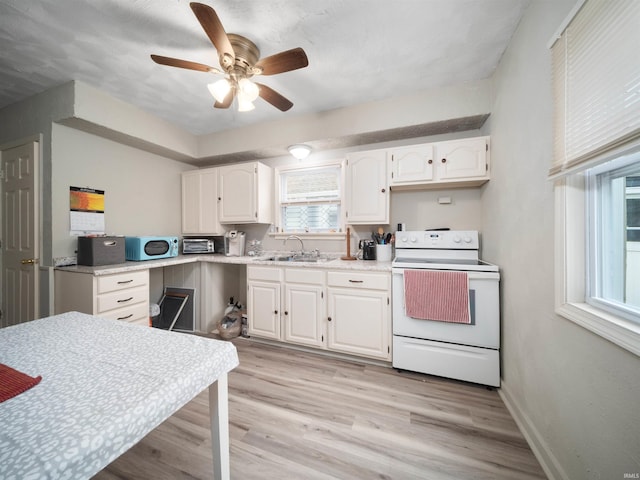 4522 S Calhoun St, Fort Wayne, IN 46807 - kitchen featuring white range with electric stovetop, a sink, white cabinetry, a ceiling fan, and light countertops