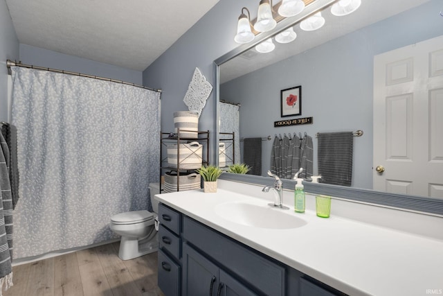 18165 Farmington Hills Dr, South Bend, IN 46637 - bathroom featuring wood finished floors, vanity, toilet, and curtained shower