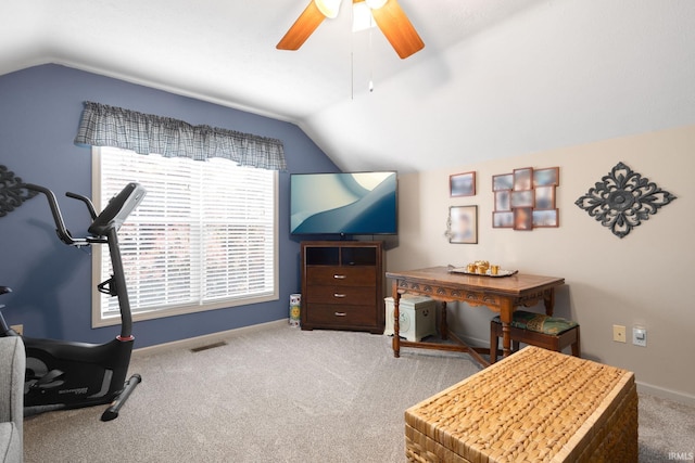 18165 Farmington Hills Dr, South Bend, IN 46637 - workout area featuring lofted ceiling, a ceiling fan, carpet floors, and baseboards