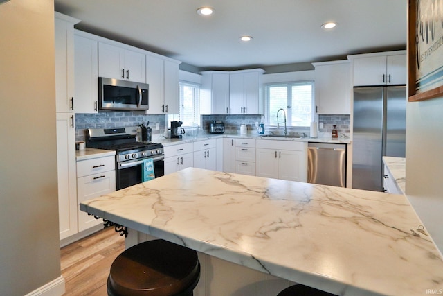 5547 N W Shafer Dr, Monticello, IN 47960 - kitchen with appliances with stainless steel finishes, a sink, recessed lighting, light wood-style floors, and decorative backsplash