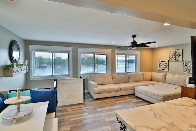 5547 N W Shafer Dr, Monticello, IN 47960 - living room with healthy amount of natural light, light wood-style flooring, ceiling fan, and recessed lighting