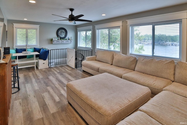 5547 N W Shafer Dr, Monticello, IN 47960 - living area with healthy amount of natural light, wood finished floors, recessed lighting, and ceiling fan