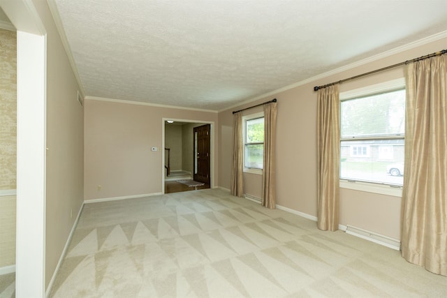 1402 Hampshire Dr, South Bend, IN 46614 - unfurnished room with light colored carpet, baseboards, a textured ceiling, ornamental molding, and a baseboard radiator