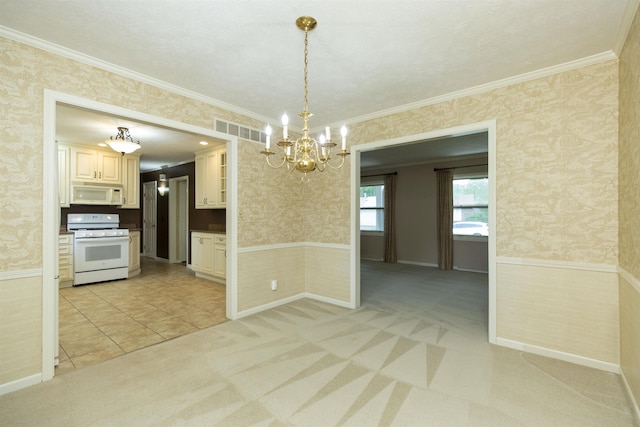 1402 Hampshire Dr, South Bend, IN 46614 - unfurnished dining area with wallpapered walls, a chandelier, wainscoting, crown molding, and light colored carpet