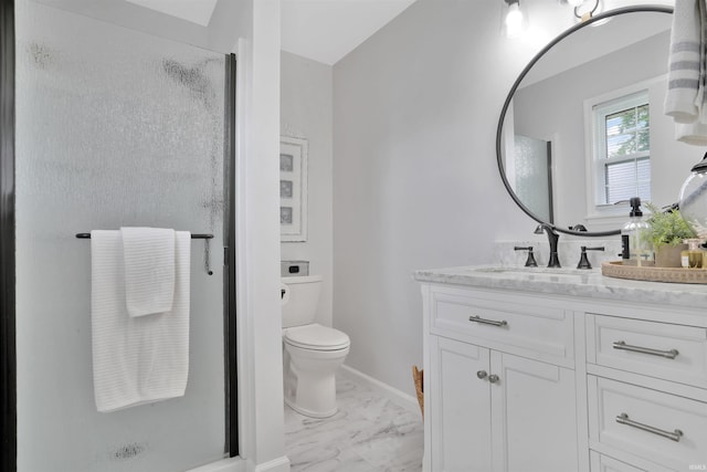 1908 N Iroquois Dr, Evansville, IN 47715 - bathroom with vanity, a stall shower, marble look tiles, toilet, and baseboards