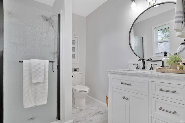 1908 N Iroquois Dr, Evansville, IN 47715 - full bathroom featuring vanity, a shower stall, marble finish floors, toilet, and baseboards