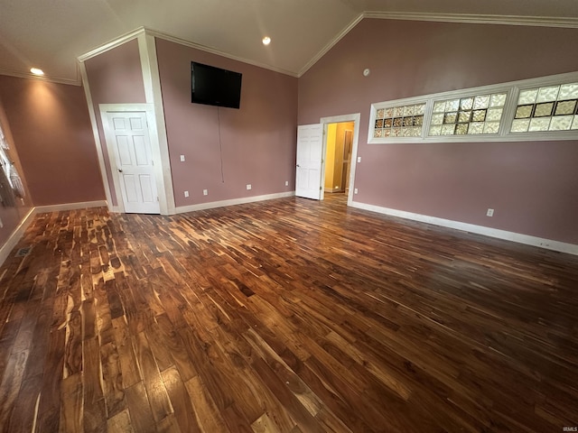 1020 E State St, Albany, IN 47320 - unfurnished room with ornamental molding, dark wood-style floors, baseboards, and high vaulted ceiling