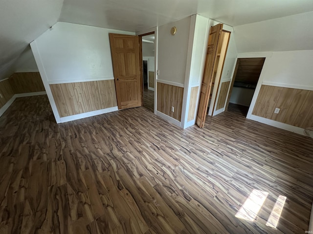 1020 E State St, Albany, IN 47320 - additional living space featuring lofted ceiling, dark wood-style floors, wood walls, wainscoting, and baseboards