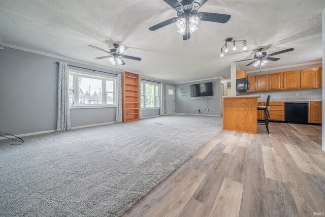 1011 N Lincolnshire Blvd, Marion, IN 46952 - unfurnished living room featuring ornamental molding, light wood-style floors, baseboards, a ceiling fan, and a textured ceiling