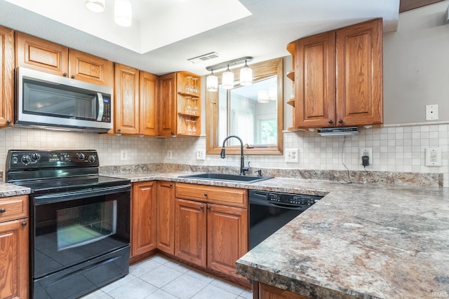 8816 Beacon Woods Pl, Fort Wayne, IN 46804 - kitchen featuring black appliances, a sink, open shelves, and brown cabinetry