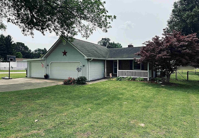 5 E Viola Ave, Washington, IN 47501 - ranch-style house featuring an attached garage, covered porch, a chimney, driveway, and roof with shingles