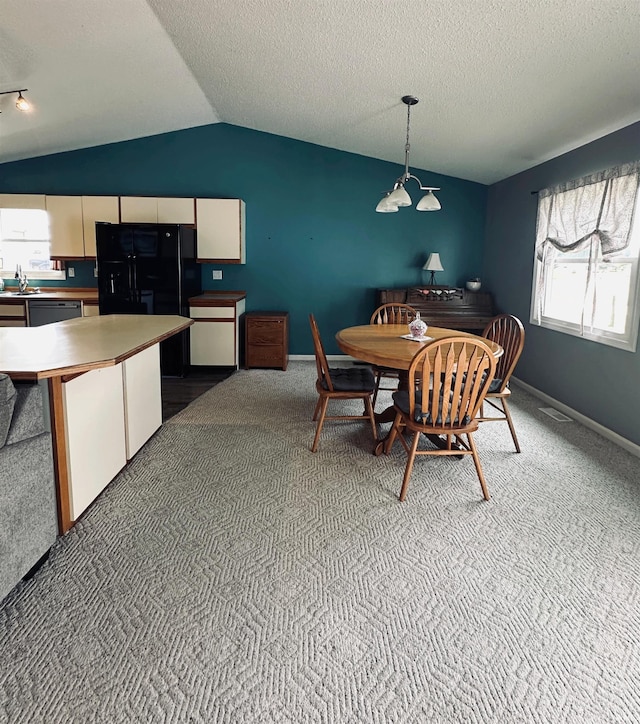 5 E Viola Ave, Washington, IN 47501 - dining space featuring vaulted ceiling, carpet, a textured ceiling, and baseboards