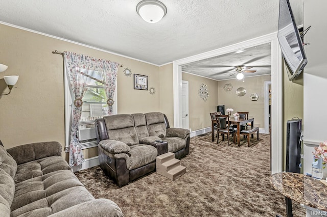 719 W Franklin St, Elkhart, IN 46516 - living area with carpet flooring, a textured ceiling, ornamental molding, a ceiling fan, and baseboards