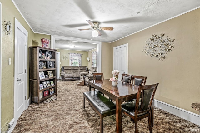 719 W Franklin St, Elkhart, IN 46516 - dining space with a ceiling fan, carpet, a textured ceiling, crown molding, and baseboards