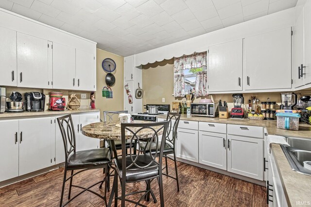 719 W Franklin St, Elkhart, IN 46516 - kitchen featuring dark wood finished floors, light countertops, white cabinets, and stainless steel microwave