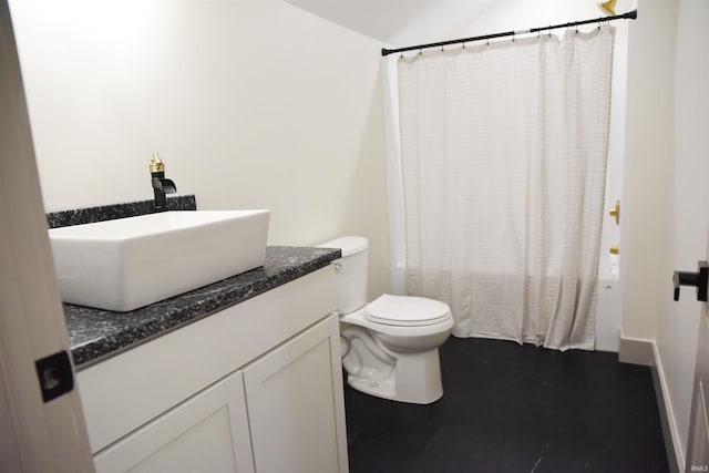545 Bennett Rd, Bedford, IN 47421 - bathroom with vanity, toilet, lofted ceiling, shower / tub combo with curtain, and tile patterned floors