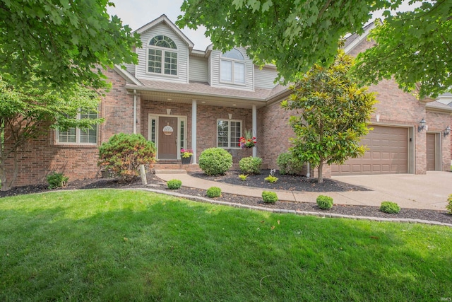 9076 Halston Cir, Newburgh, IN 47630 - traditional-style home with a front yard, a garage, concrete driveway, brick siding, and a shingled roof