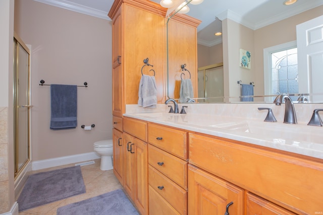 9076 Halston Cir, Newburgh, IN 47630 - full bathroom with crown molding, a shower with shower door, toilet, baseboards, and double vanity