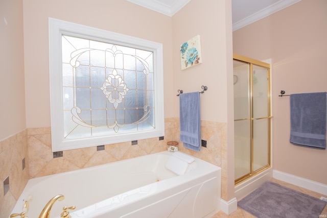9076 Halston Cir, Newburgh, IN 47630 - bathroom with a garden tub, a stall shower, and crown molding