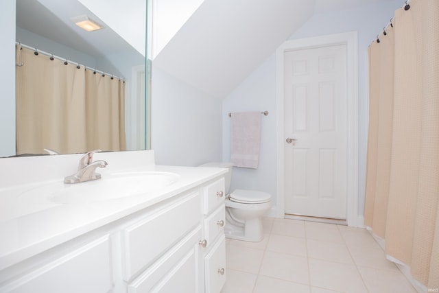 9076 Halston Cir, Newburgh, IN 47630 - bathroom with vanity, toilet, vaulted ceiling, tile patterned flooring, and a shower with curtain