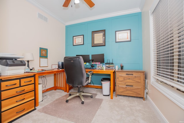 9076 Halston Cir, Newburgh, IN 47630 - carpeted office featuring a ceiling fan, crown molding, and baseboards